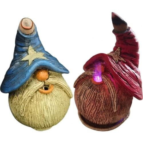 Incense Burner Gnome Decor Caps Wearing Multi-color LED Lighting Backflow Incense Burner for Home