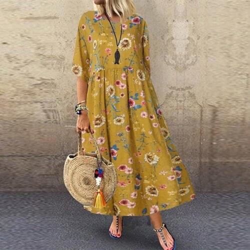 Summer Dresses For Women 2021 Women New Plus Size Fashion Print Daily Casual O-Neck 3/4 Sleeve Vintage Floral Print Maxi Dress