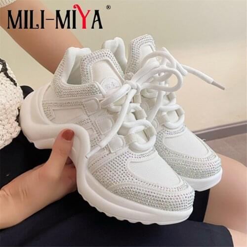 MILI-MIYA New Style Women Chunky Sneakers 2021 Platform Wedge Thick Soled Round Toe Diamond Rhinestone Party Casual Wide Shoes