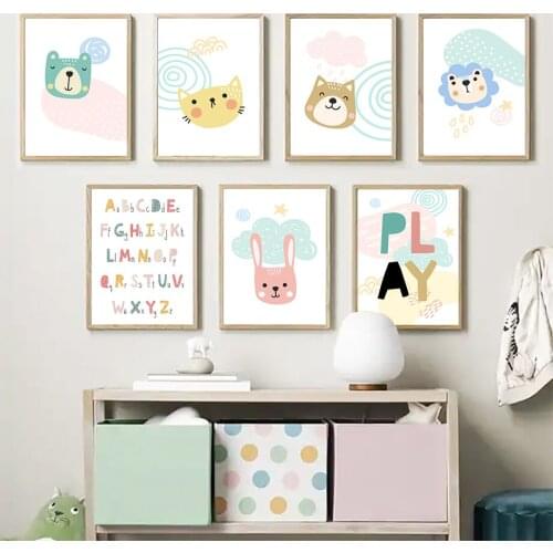 Cute Cat Dog Rabbit Lion Alphabet Play Quote Nordic Posters And Prints Cartoon Art Canvas Painting Wall Pictures Kids Room Decor