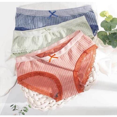 Cute Woman Panties Girls Bow Sweet Plaid Kawaii Crotch Briefs Lingerie Women Underpants Student underwear
