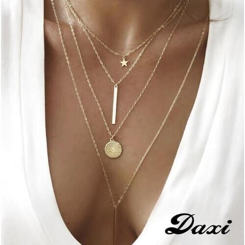 DAXI Fashion Vintage Boho Geometry Multi-layer Pendant Necklace for Women Gold Color Star Metal Necklace Tribal Choker Collar
