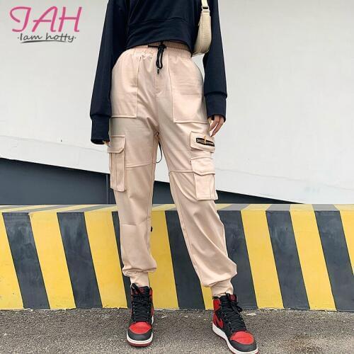 IAMHOTTY Fashion Casual Safari Harlan Pants Zipper Pocket Drawstring High Waist Pants Harajuku Baggy Cargo Women Trousers Jogger