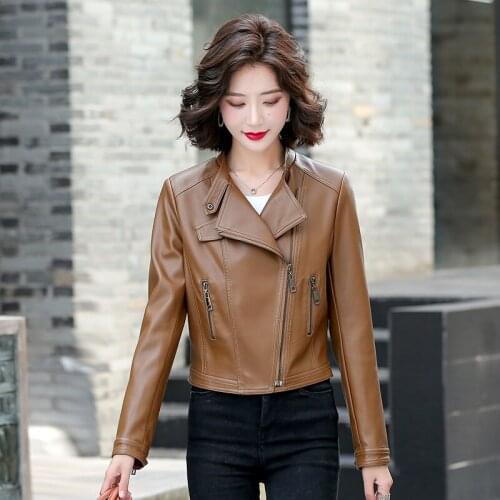 2021 New Autumn Women Pu Leather Jacket Womens Moto Biker Zipper Jacket Short Length Casual Black Khaki Faux Leather Jacket