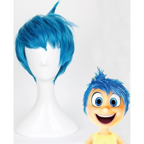Movie Inside Out Joy Wig Short Blue Heat Resistant Hair Cosplay Costume Wigs + Wig Cap