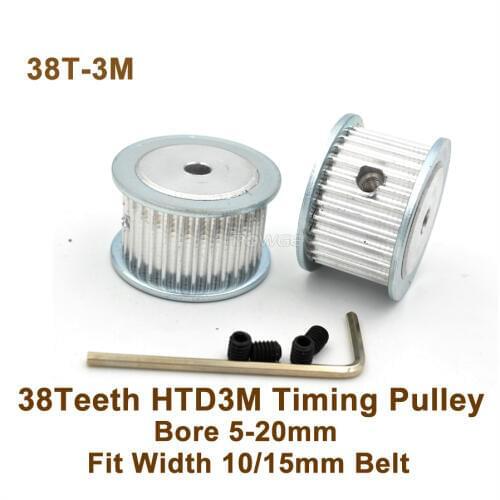 POWGE 38 Teeth 3M Synchronous Pulley Bore 5-20mm Fit Width 10/15mm HTD 3M Belt 38T 38Teeth HTD 3M Timing Belt Pulley 38-3M AF