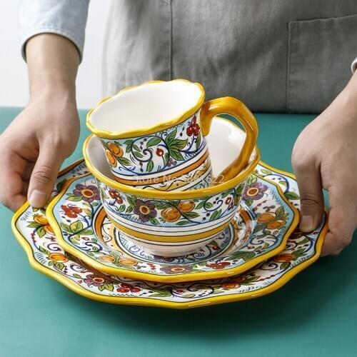 Hand Painted Underglaze Color Craft Ceramics Plate Yellow Microwave Oven Available Tableware Plate Cup Bowl Combination