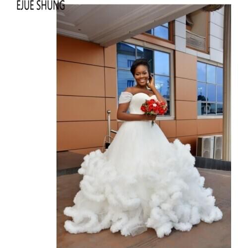 EJUE SHUNG African Wedding Dresses Off Shoulder Sweetheart Beading Sash Backless White Ruffles Wedding Gowns Vestido De Novia