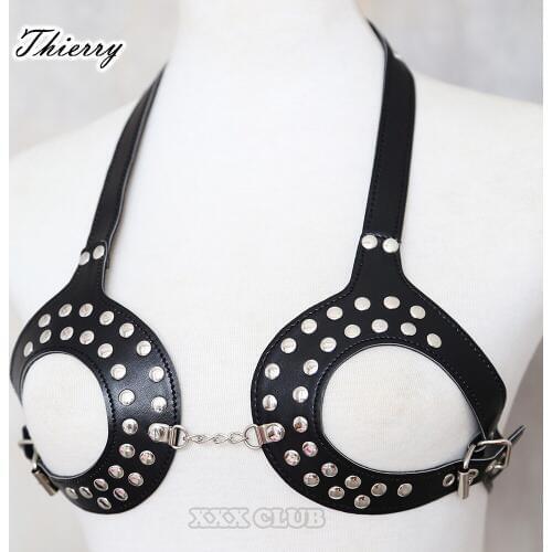 Thierry adult sex game fetish Leather Bra thongs breasts exposed adjustable Chastity bondage erotic flirting sex toy for women