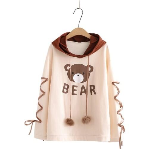 Spring Japan Style Harajuku Kawaii Bear Print Lace Long Sleeve Hooded Ear Thin Women Sweatshirt Hoodies Cute Pullovers 2112945