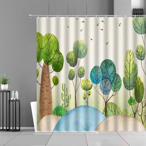 Green Leaves Tree Shower Curtain Plant Flower Leaf Printing Bathroom Curtains Simple Nordic Home Decor Waterproof Hanging Cloth