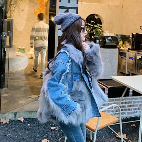 Rabbit Fur Cowboy Splicing Coat Female 2021 New Autumn Winter Korean Fashion Thicken Short All-Match Denim Cotton Jacket Women
