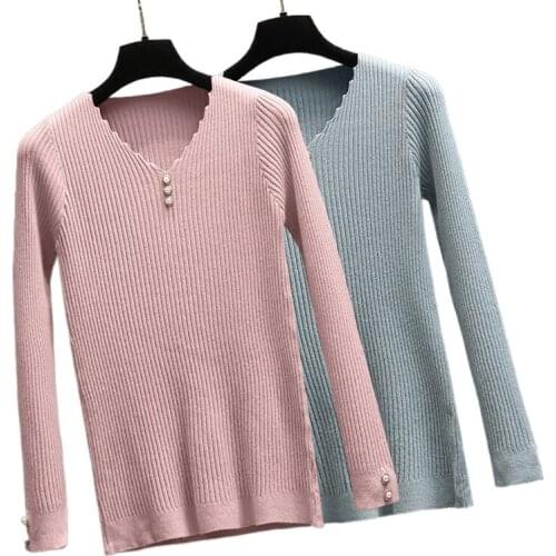 V-neck Sweater Women Vintage Slim Jumper Soft Warm Knitted Pullover Long Sleeve Fall 2021 Female Pink Blue Oversize Tops