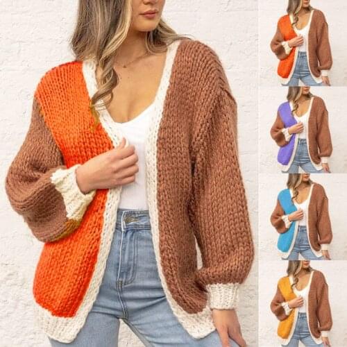Fashion Color Block Knit Cardigan Womens Loose Large Size Casual V-neck Sweater Jacket Acrylic Long Sleeve Tops Winter 2021 New