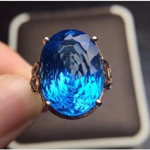 Fine Jewelry Real 18K Rose Gold AU750 100% Natural London Blue Topaz Gemstones Female Rings for Women Fine Ring