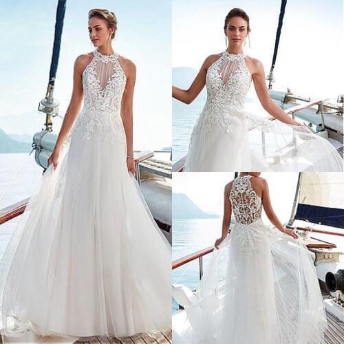 Chic High Neck Appliques Wedding Dress Sleeveless A-Line Bridal Gowns Tulle Gown Illusion with Lace Long Vestidos de Novia