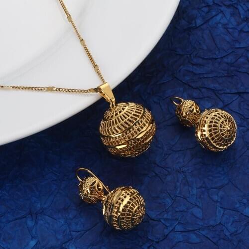 Gold Color Hollow Round Beaded Pendant Necklace Earring Joias Ouro Trendy Beaded Jewelry Sets