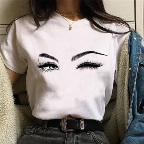 2020 Womens T-Shirt Harajuku Shiny Eyelash Graphic Top Female Tshirt Eye Shadow Shirts Fashion Oversized White Short Clothes