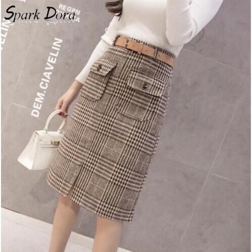 Free Shipping High Waist Skirt Winter New Outwear Leisure Pocket Hip Vintage Woolen With Belt Hit Color Lattice Skirts Womens