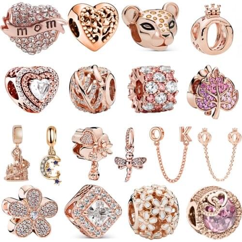 New Rose Gold Family Tree Castle Flower Crown Beads OK Safety Chain Fit Original Pandora Charm Silver Color Bracelet DIY Jewelry