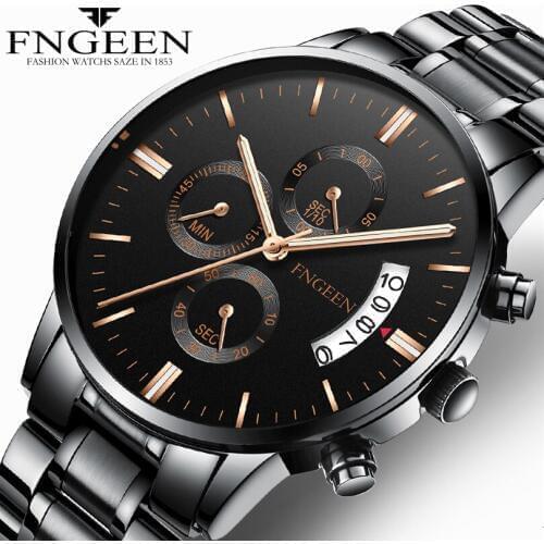 FNGEEN Men Watch Mesh Stainless Steel Date Mens Watches TOP Brand Luxury Male Clock Quartz Wrist Watch Automatic Date Relojes