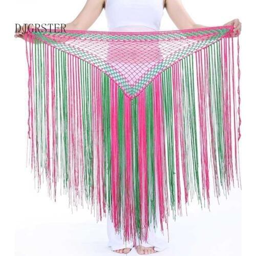 DJGRSTER 13Colors Belly Dance Clothes Accessories Stretchy Long Tassel Triangle Belt Hand Crochet Belly Dance Hip Scarf