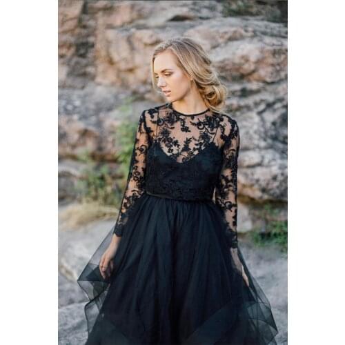 Elegant O Neck Long Sleeve Prom Dress For Women Black Lace Appliques Tulle Evening Party Dresses