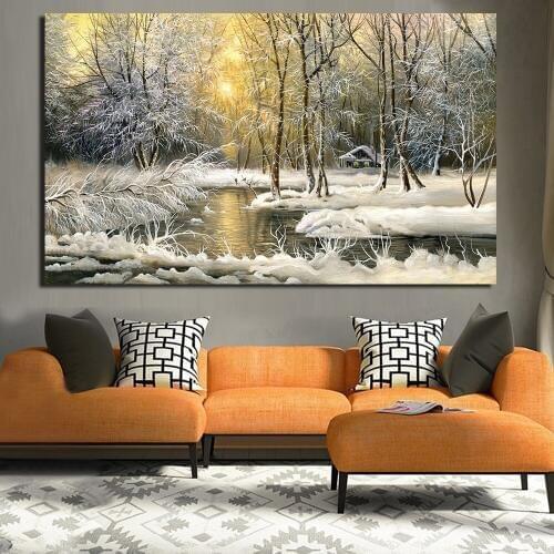 JQHYART Wall Art Winter Snow Cold River Marvelous Trees Paintings On Canvas Print Picture For Living Room Wall Home Decor