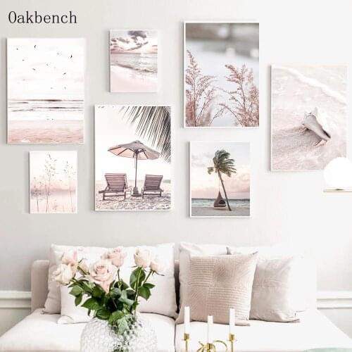 Pink Sea Landscape Canvas Painting Beach Sunshine Wall Art Print Starfish Poster Palm Tree Prints Nordic Wall Picture Home Decor