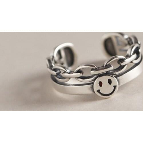 Ancient Silver Color Multi Chains Happy Smile Face Open Ring For Women Simple Cute Geometric Smiley Faces Adjustable Rings A835