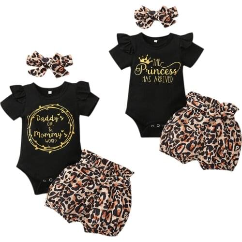 Newborn Baby Girls 3-piece Outfit Set Short Sleeve Letter Print Romper+Leopard Shorts+Headband Set