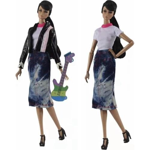 Leather Jacket 1/6 BJD Doll Clothes for Barbie Accessories Guitar Outfits Set Coat Shirt Top Jeans Skirt Kids Toy Girl Best Gift
