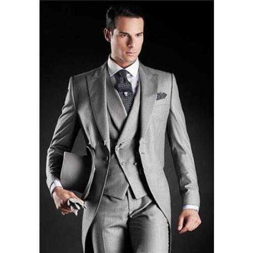 2016-Top Selling Beautiful Slim Fit Light Grey Morning Wedding Blazer Groom Tuxedos Evening Party Dress (Jacket+Pants+Vest+Tie)