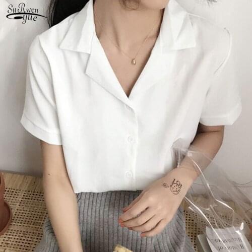 Fashion Short Sleeve Summer V Neck Woman Shirt Office Lady White Tops Korean Shirt for Women Solid Blouse Blusas Femininas 10166