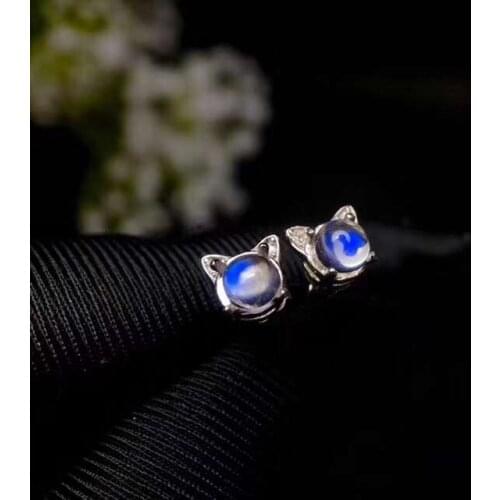 Natural blue moonstone stone earrings 925 silver Natural gemstone earring Classic elegant Lovely Kitty girl fine Earrings