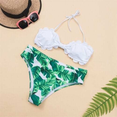 2020 New Bikini Suit Lace Bra Leaf Briefs Sexy Beach Swimwear Two Piece High Waisted Swimwear Womens Swimwear
