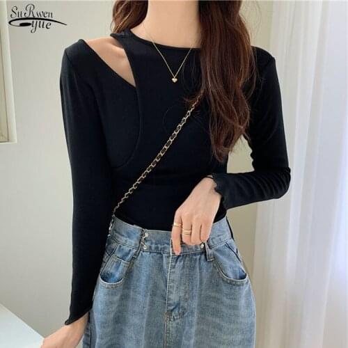 2020 Autumn Slim-Fit Off-Shoulder Fake Two-Piece Long Sleeve T-shirt Solid Cotton T-shirt Korean Clothes Women Tops Tunic 10940