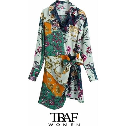 TRAF Za Women Fashion With Bow Tied Patchwork Floral Print Mini Dress Vintage Long Sleeve Pockets Female Dresses Mujer