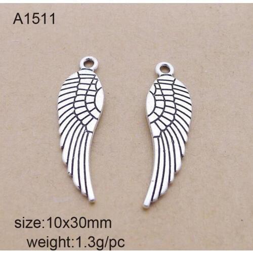 50pcs/lot Alloy Antique Silver 10x30mm Wing Charm Pendant Fit Bracelet Necklace DIY Metal Jewelry Making