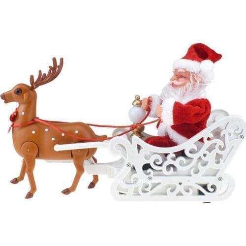 Christmas Music Electric Elk Pulling Sleigh Deer Car Toys Santa Claus Elk Sled Doll Xmas Figurine Ornament Family Party Gifts