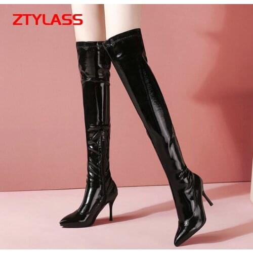 Black Red Sexy Patent Leather Knee High Boots Autumn Winter Women Boots Thin High Heel Long Boots Pointed Toe Zipper Woman Shoes