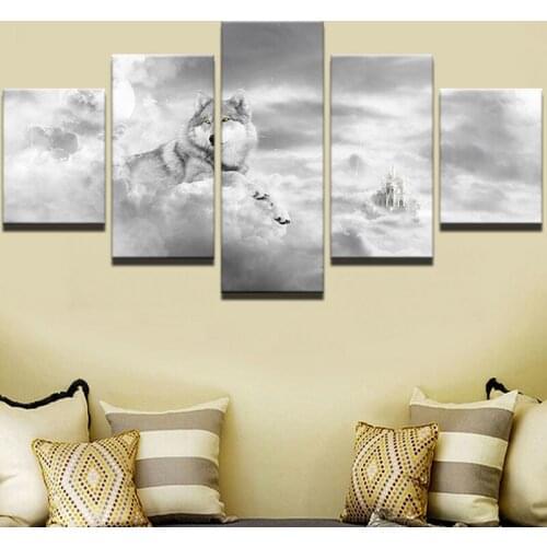 Modern Frames 5 Panel Animal Wolf Canvas Painting Home Decor For Living Room Canvas Art Printed On Canvas Wall Picture