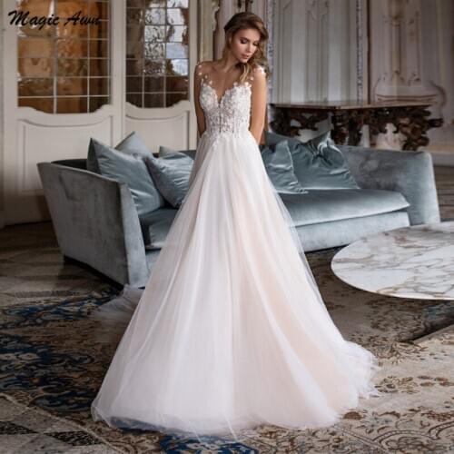 Magic Awn New Blush Wedding Dresses Boho Lace Appliques Illusion Princess Beach A-Line Mariage Gowns Tulle Vestido De Novia