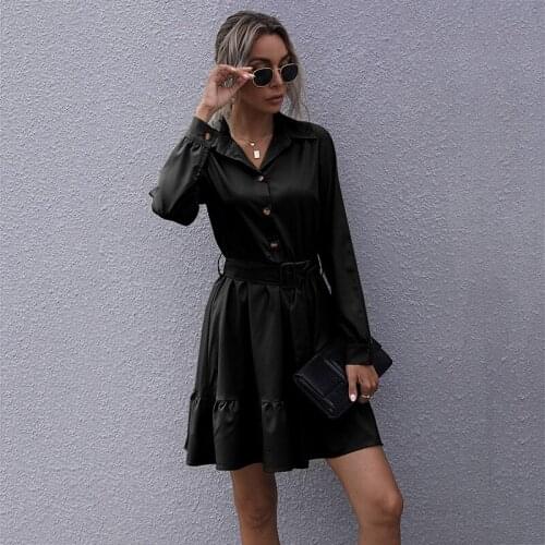 Solid Color Belt Button Long Sleeve Office Womens Dress Workwear Turn Down Collar Elegant Streetwear A Line Ladies Dresses