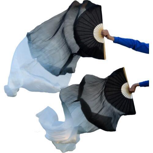 2018 High selling 100% Real Silk Veils 1 Pair handmade women Quality Silk Belly Dance Fan Dance black + white