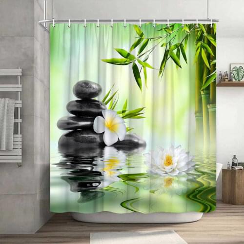 Sandy Beach Zen Stone Shower Curtain Green Bamboo Leaves Flower Zens Landscape Waterproof Bath Curtains Home Bathroom Decor Set