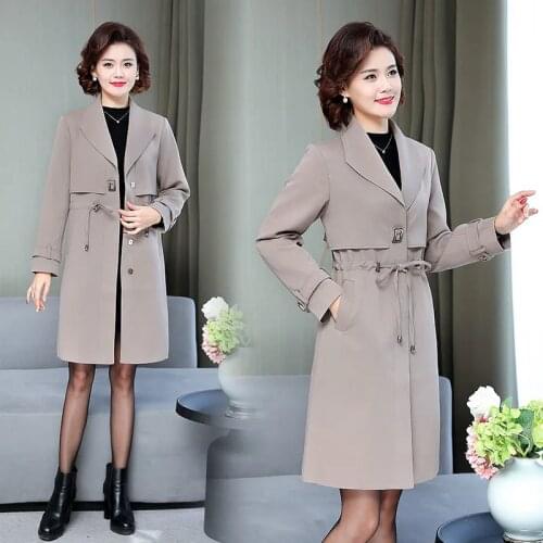 Womens Windbreaker Lining Mid-Length 2021 Spring And Autumn New Large Size 5XL Slim Lace-Up Jacket Mother Wear Coat Female A62