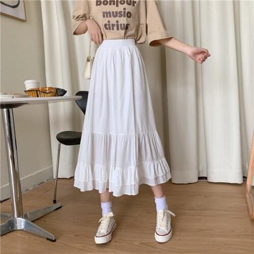 Sweet Stitching Long Summer Skirt Women New Korean Ruffl High Waist Slim Skirt Women White Solid Long Skirts Womens