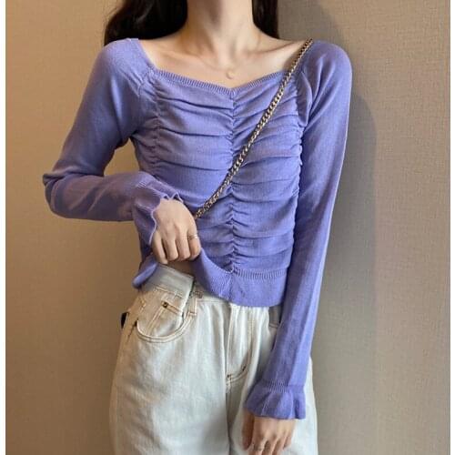 Ladies Long Sleeve T-shirts Autumn Women T-shirts Square Collar Knitting T-shirts