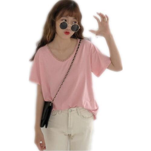 Sweet Cotton Women T-Shirts Summer 2018 New Women Short T-Shirts Lace V-Neck Soft Short Sleeve Women T-Shirts Pullovers Q266